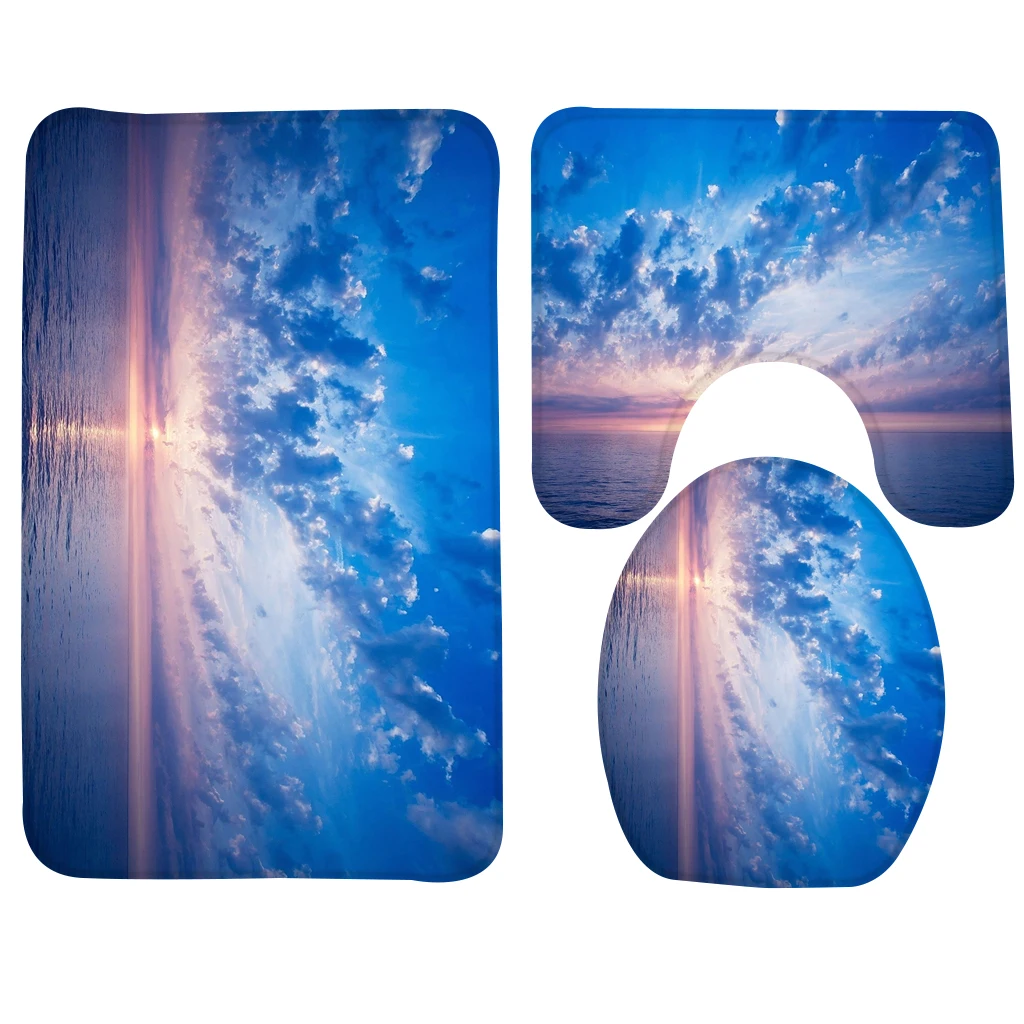 

3pcs Bathroom Mat Set Blue Sea Cloud Sunset Pattern Pattern Bath Rug Anti Slip Toilet Mat and Bathroom Rug Set