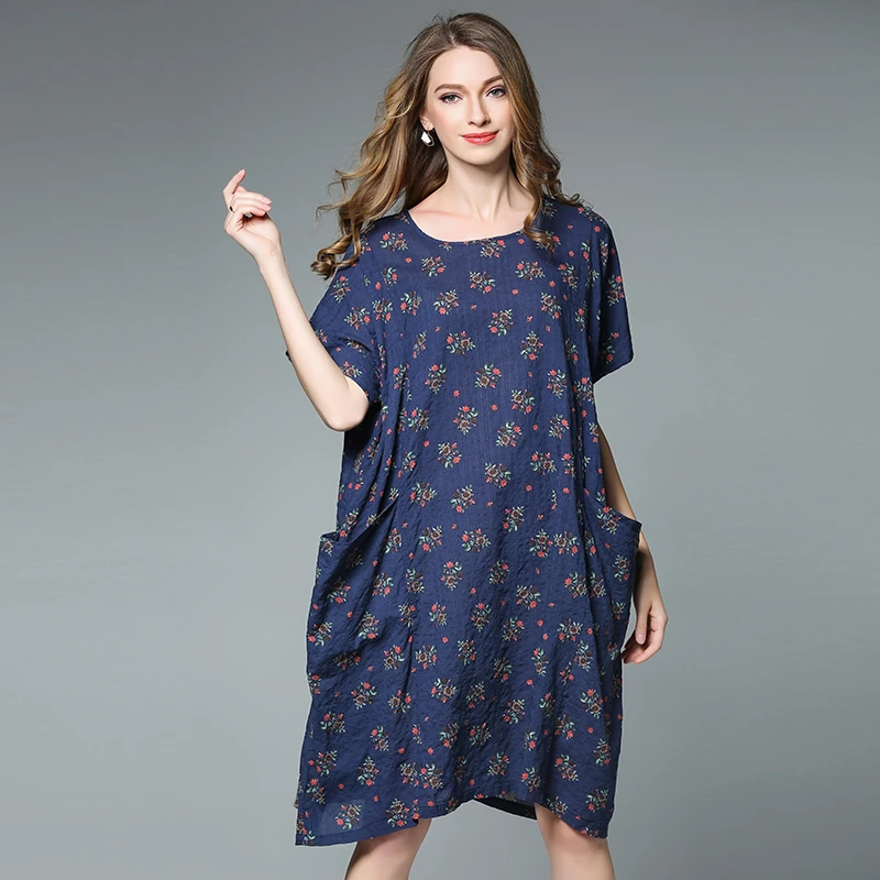 4xl women plus size summer dress cotton linen flower print short sleeve ...