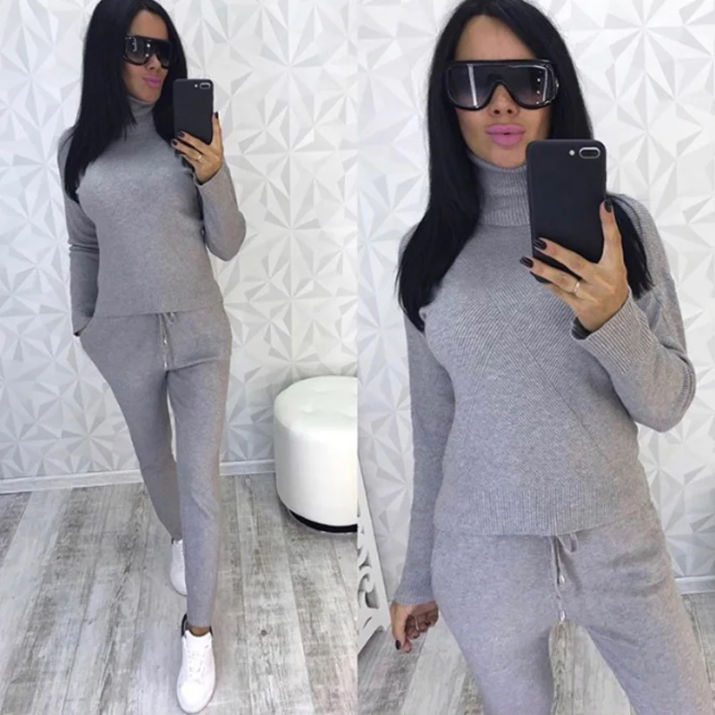 

Winter Knitted Warm Suits Casual High Collar Sweater + Pants Loose Style Knitting Two-Piece Sets