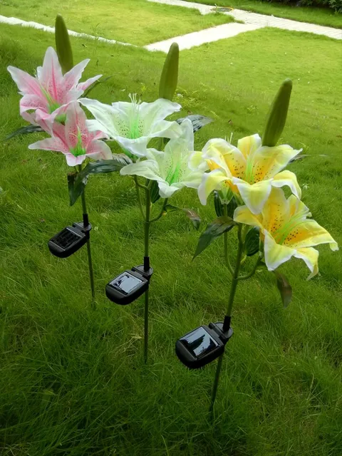 High Quality Lily Silk Solar Flower Garden Stake Landscape High Quality Lily Silk Solar Flower Garden Stake Landscape Lamp Outdoor Yard Led