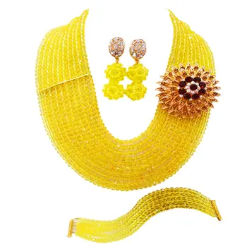 

Yellow African Jewelry Set Nigerian Beads Wedding Accessories Party Necklace Bracelet Earrings Sets 10DS14