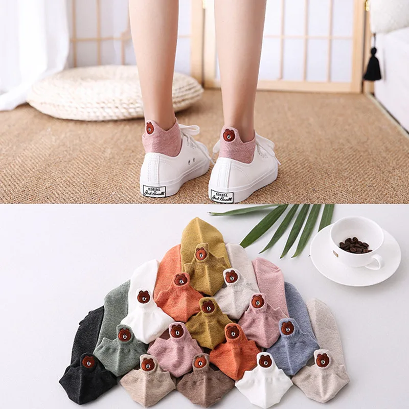 

Embroidered Cute Cartoon Bear Women Socks Happy Fashion Ankle Funny Socks Women Cotton 2019 Summer 1 Pair Candy Color