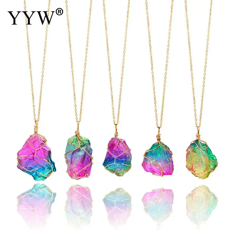 

Mood Changing Stone Necklace Irregular Natural Crystal Chakra Rock Colorful Stone Quartz Pendant Necklace