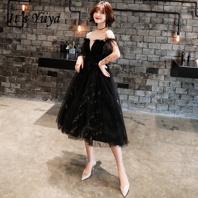 

It's YiiYa Cocktail Dresses Elegant Sequined Party Formal Dress Royal Lace up Illusion Little Black Knee Length Prom Gowns E319