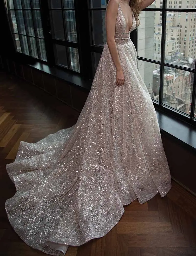 

Spaghetti Straps A-Line Deep V-Neck Court Train Open Back Champagne Sequined Prom Dress with Beading Cutout Side Evening Dresses