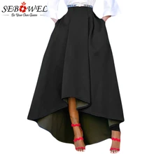 Фотография Sebowel 2017 Autumn Women Skirt Asymmetrical European Style Black Ankle-Length Pleated Expansion Long Maxi Skirt With Pockets 