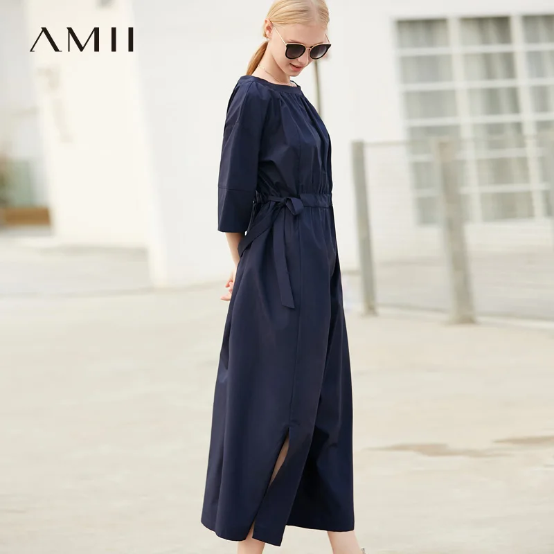 

Amii Women Minimalist 2018 Summer Maxi Dress Loose Half Sleeve 100% Cotton High Quality Female Dresses