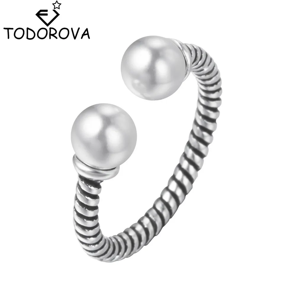

Todorova Simple Retro Ancient Silver Twist Weave Inset Imitation Pearl Opening Female Finger Rings for Women Girls Gift