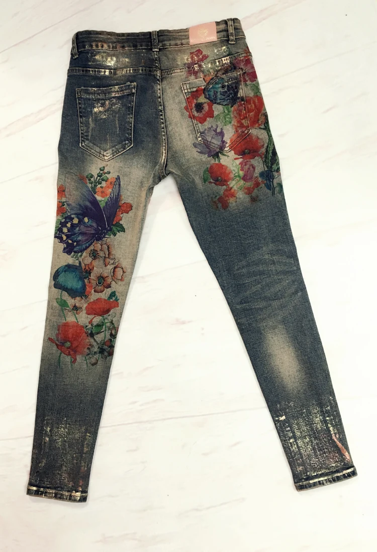 Женские джинсы-карандаш с 3D цветочным рисунком, модные женские джинсы с принтом, женские Стрейчевые обтягивающие джинсовые штаны Femlae