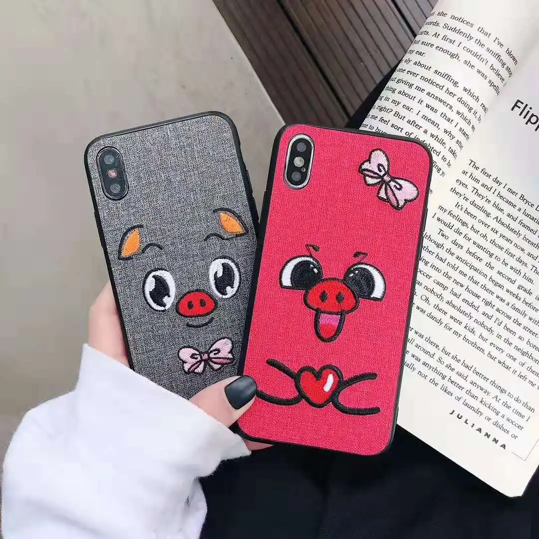 

Tide cute cartoon bow embroidery angel love pig phone case for iphone 6 6s 7 8 plus x xs xr max silicone protection cover