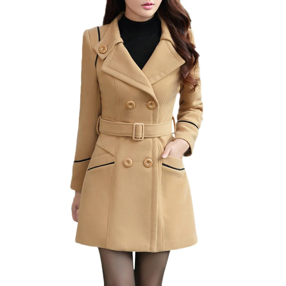 Женское шерстяное двубортное пальто Winterjas Dames, элегантная офисная куртка с длинным рукавом, женские пальто, зимнее манто Femme - Цвет: Khaki