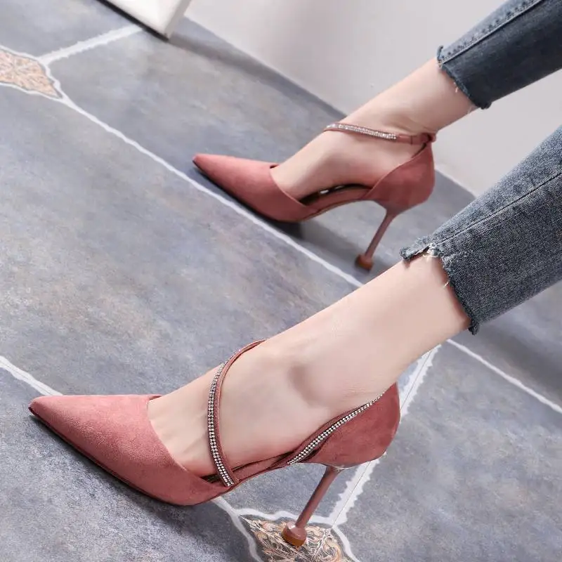 

Rhinestone word with pointed French girl high heel stiletto 2019 new hollow shallow mouth spring single shoes