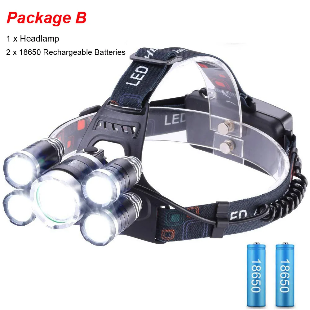Package B Lightingview супер яркий 5 светодиодный T6 налобный фонарь 15000лм 4 режима для на природе Рыбалка походы Фара использовать 18650 батарея - Испускаемый цвет: Package B