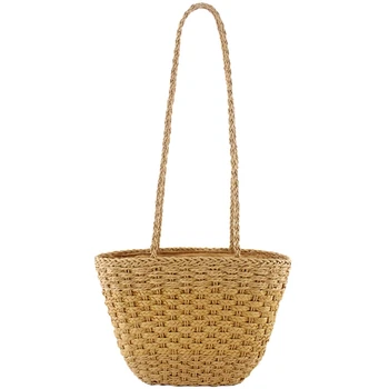 

Solid Color Retro Straw Bag Shoulder Woven Bag Casual Handbag Beach Bag(Brown)