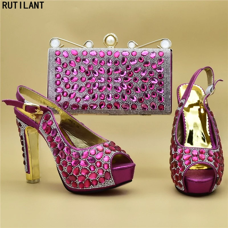 

Latest Matching Italian Shoes and Bag Set Decorated with Rhinestone Shoes and Bag Set in Heels Nigeria Party Shoes Bag for Women