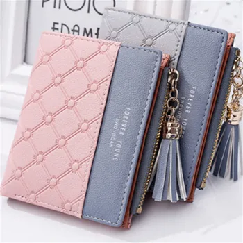 

1 PC New Wallet Women Coin Bag grid layout Leather Ladies Simple Bifold Small Handbag Purse with A metal pendant