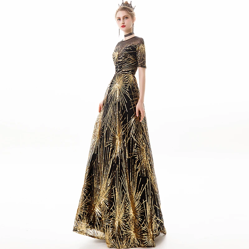 JaneVini Sexy A Line Black and Gold Prom Dresses 2019 Short Sleeves Sparkle Sequined Illusion Back Long Party Gowns Gala Jurken image_2