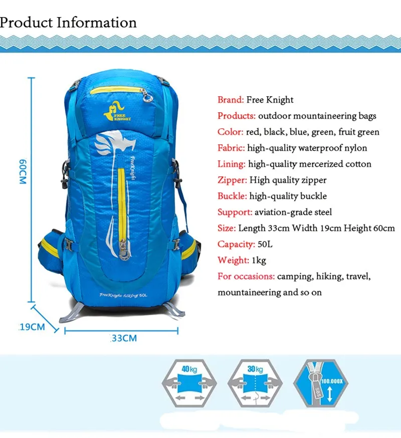 Free Knight 50L Sport Bags Hiking Backpack Waterproof Nylon Women Men Big Capacity Outdoor Mountaineering Travel Backpacks Bag