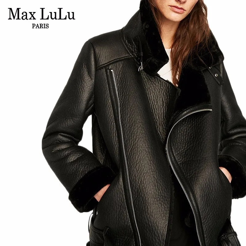 Max LuLu Роскошная испанская брендовая утепленная женская куртка из искусственной кожи, зимняя женская меховая куртка, Женская Байкерская одежда, Chaqueta De Cuero - Цвет: Черный
