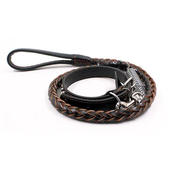 

Dog Collar Set Cowhide Adjustable Collar with Knited Spring Leash for Large Dog can CSV