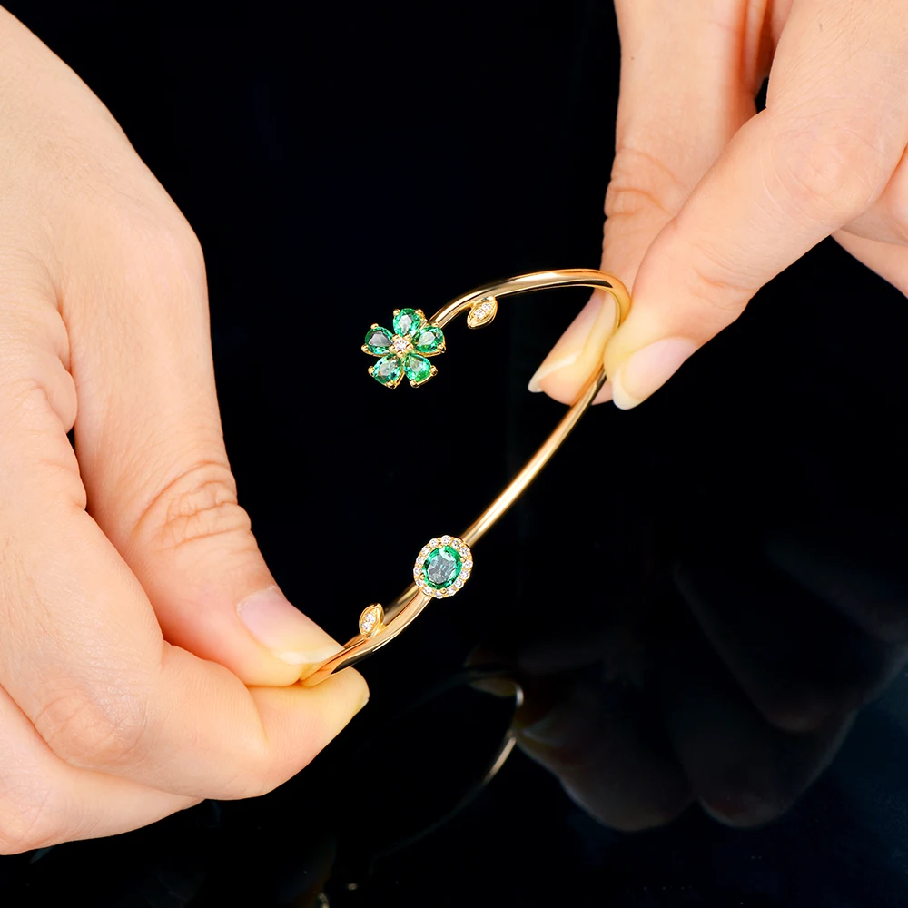 Caimao Jewelry 0.94ctw Natural Emerald Pave Diamond 18K Yellow Gold Gemstone Bracelet