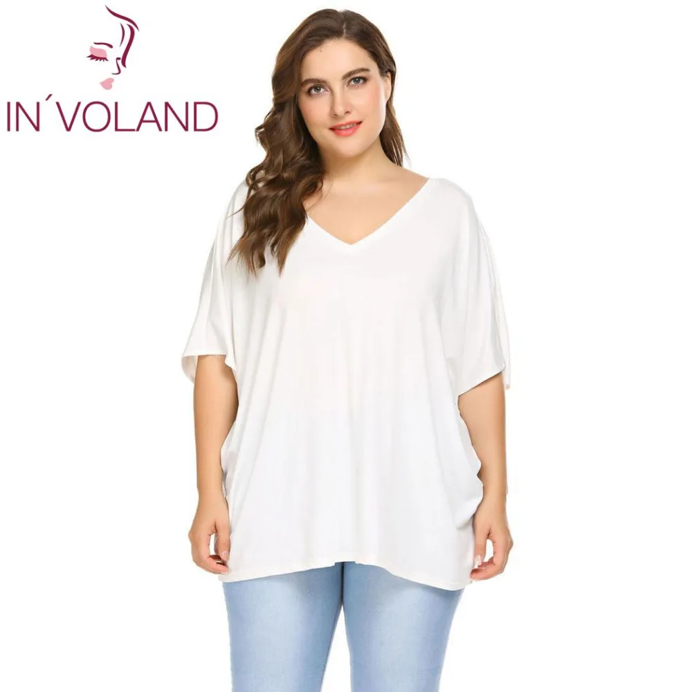 

IN'VOLAND Plus Sizes Women T-shirts V-Neck Batwing Short Sleeve Shirts Loose Tees Female T-Shirt Oversized Solid Summer Tops