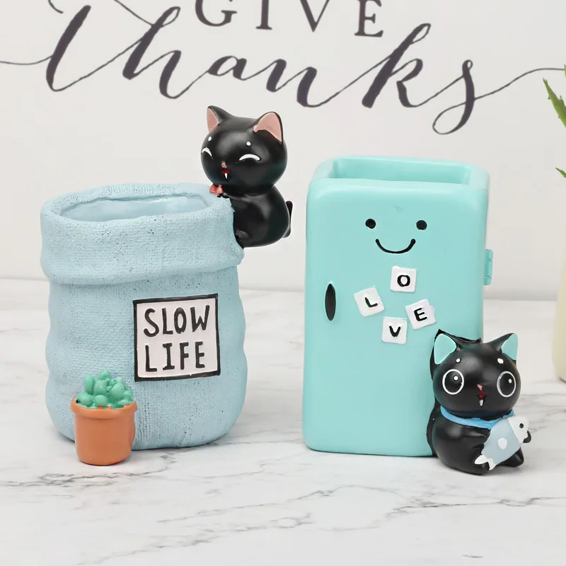 Cute cartoon black cat desktop decoration resin storage box | Дом и сад