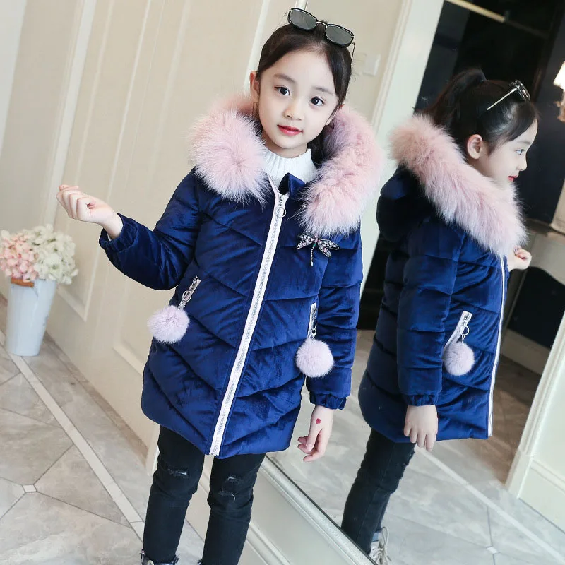 

Girl Thick Coat Winter Jacket Purple Cute Hooded Fur Collar Long Outerwear Size 4 6 8 10 12 Years Child Clothes