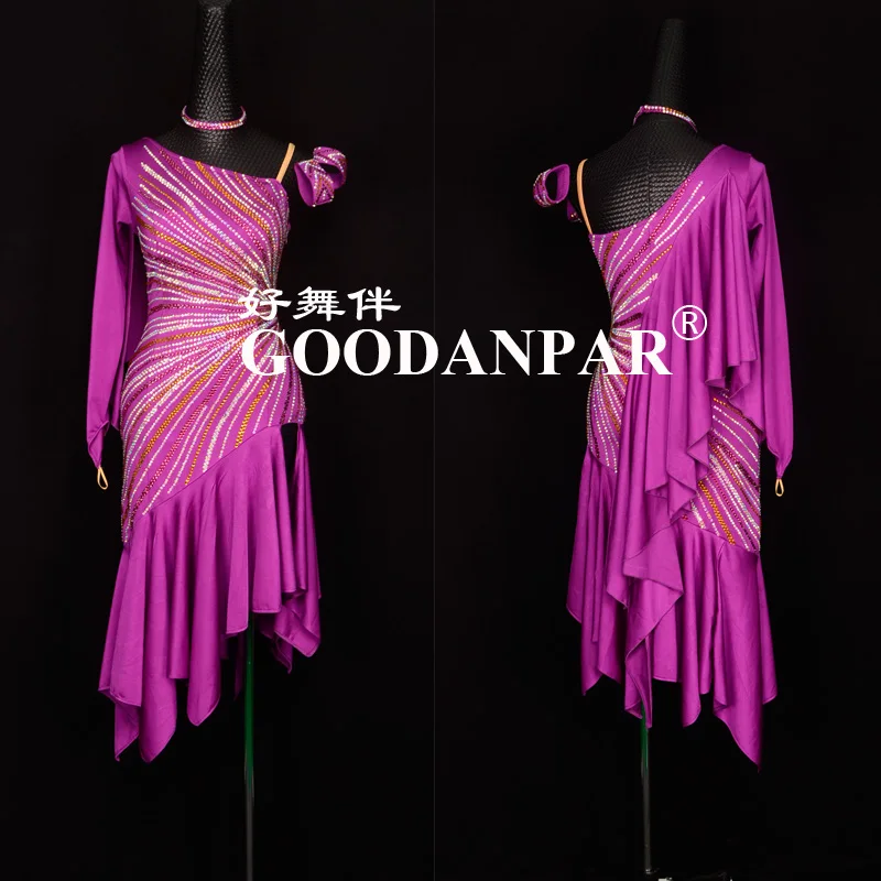 

GOODANPAR Latin dress The latest style Sexy Latin dance apparel Latin dance dress lycar bule dress purple Single Long Sleeve