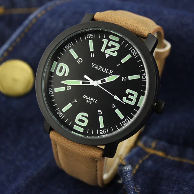 Yazole Топ бренд кожаный ремешок кварцевые часы мужские светящиеся электронные спортивные часы большой циферблат Мужские часы Reloj Hombre 319