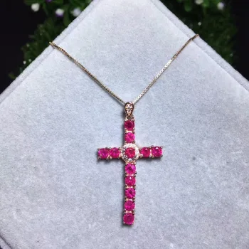 

natural red ruby pendant S925 silver Natural gemstone Fashion grace lucky cross Pendant Necklace women girl party fine jewelry