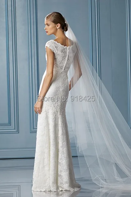 Floor Length Lace Wedding Dresses No Train Scoop Cap Sleeves