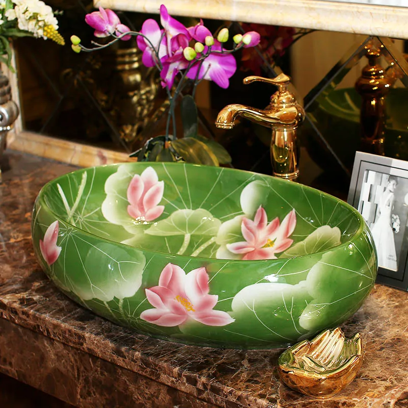 Oval Counter Top Wash Basin Cloakroom Hand Painted Vessel Sink bathroom