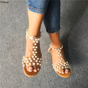 

Olomm Women Bohemian Sandals Sexy Pearls Flat With Sandals Open Toe Gorgeous Nude Party Dress Shoes Women US Plus Size 5-15