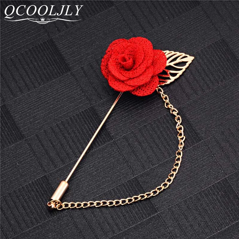 QCOOLJLY جديد أزياء الرجال Rooch زهرة طية صدر السترة دبوس دعوى العروة دبوس 3 ألوان زر عصا زهرة مشبك لل زفاف