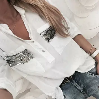 

Fashion New Women Casual Tops Shirt Sequins Pockets Buttons V Neck Loose Top Long Sleeve Ladies Blouse