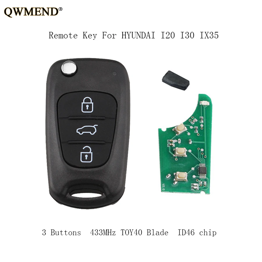 

QWMEND 433Mhz Flip Complete Remote Key DIY For HYUNDAI i20 i30 ix35 TOY40 Blade With ID46 chip keys