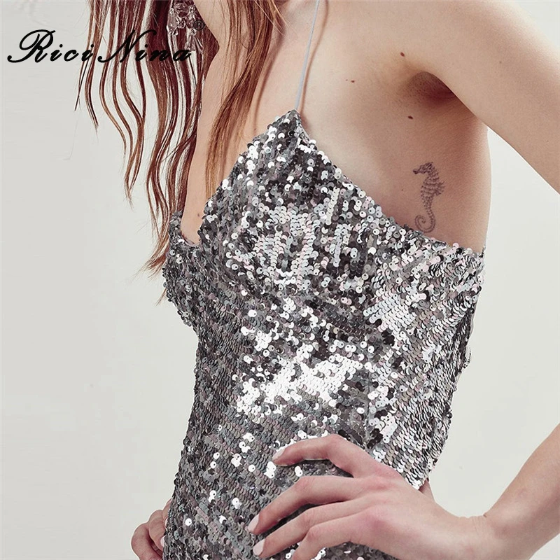 RICININA Hot Women Summer Dress Woman Backless Sleeveless Cross Sequin Sexy Bodycon Mini Dress Ladies Party Dresses Vestidos