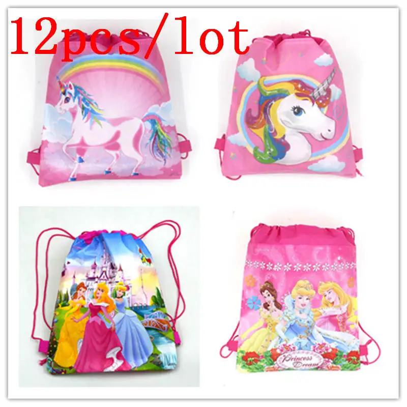 

Cartoon Unicorn 12Pcs/Lot Drawstring Bags Child Birthday Party Six Princess String Bags Girl Favor String Back Bags Supplies