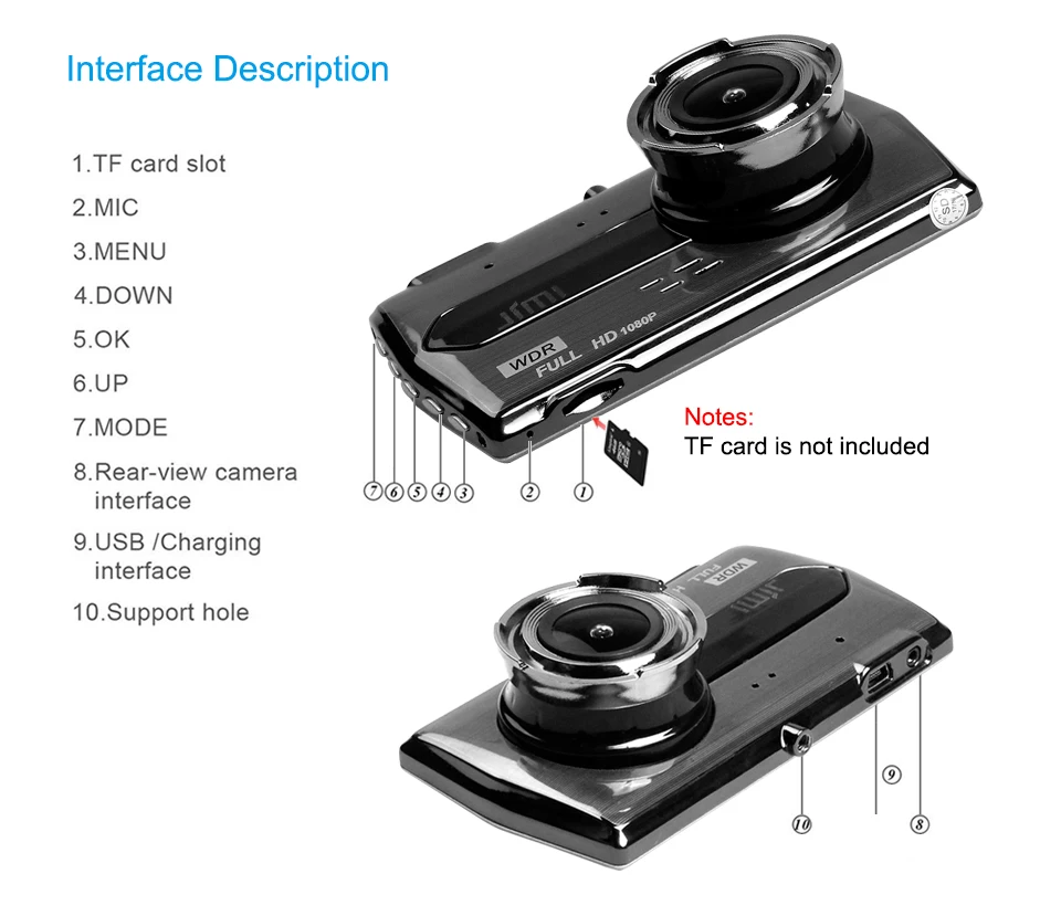 Jimi 1080P JC01 Двойной объектив Dash Cam с Ночное видение Full HD Видеорегистраторы для автомобилей с 4 дюймовый светодиодный Экран easyinstallation G-Сенсор доступ к автомобилю