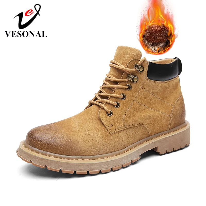 

VESONAL Winter Genuine Leather Mid Ankle Motorcycle Men Boots Shoes Snow With Fur Plush Warm Vintage Classic Male Casual booties