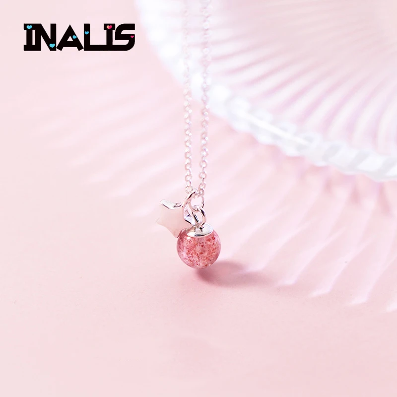 

INALIS New Fashionable Teenage Heart Design S925 Sterling Silver Star with Strawberry Quartz Stone Pendant Fine Jewelry Women