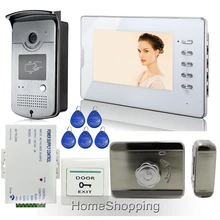 NAVE LIBRE de 7 pulgadas LCD Video de la Puerta de Intercomunicación Teléfono Del Sistema + 1 blanco RFID Cámara Del Monitor + Visión Nocturna + Mute Cerradura de Control Eléctrico