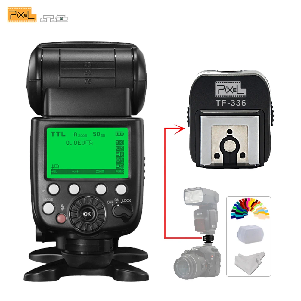 

Pixel x800s Standard GN60 Wireless Flash Speedlite TTL HSS LCD Screen Light for Sony Mi Shoe Cameras & TF-336 Hot Shoe Adapter