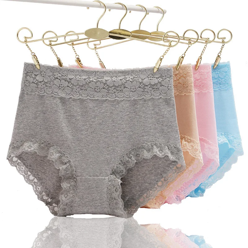 4pcs/lot Women's High Waist Cotton Panties Briefs with Lace Trim