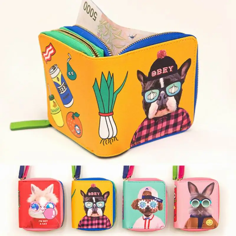 

Rabbit Teddy Pattern Printed Funny Interesting Mini Wallets Double-deck Women Girls Short Purses Young Lady