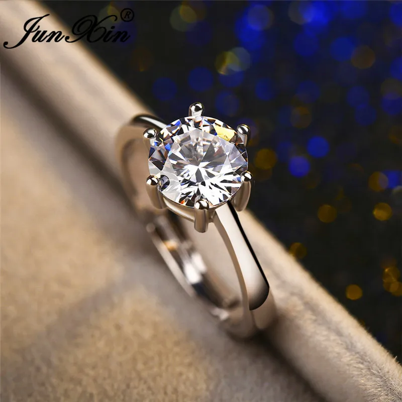 JUNXIN радужные кольца с камнем для женщин, 925 серебро/розовое золото, круглый белый циркон, тонкое кольцо для женщин, обручальные кольца CZ
