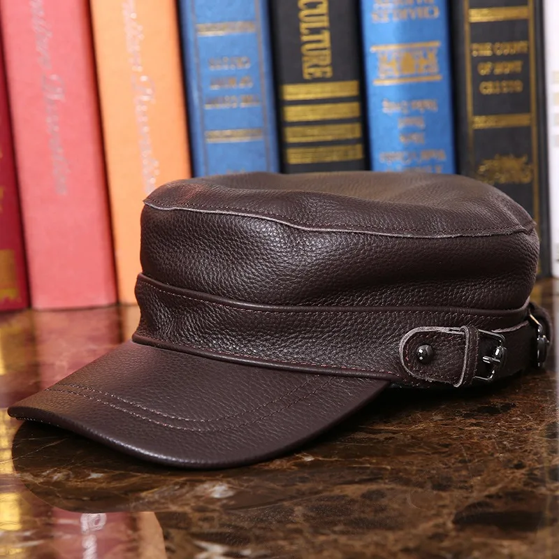 

2019 New Black Real Leather hat autumn and winter men women casual flat top military baseball cap outdoor factory direct