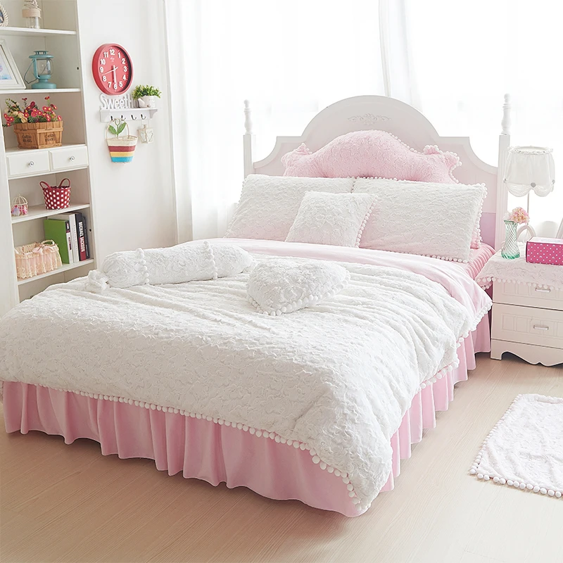 

Winter Warm Soft over-soft pile fabric Bedding set Ball Tassels Bedsheet Skirts housse de couette lenzuola letto matrimoniale