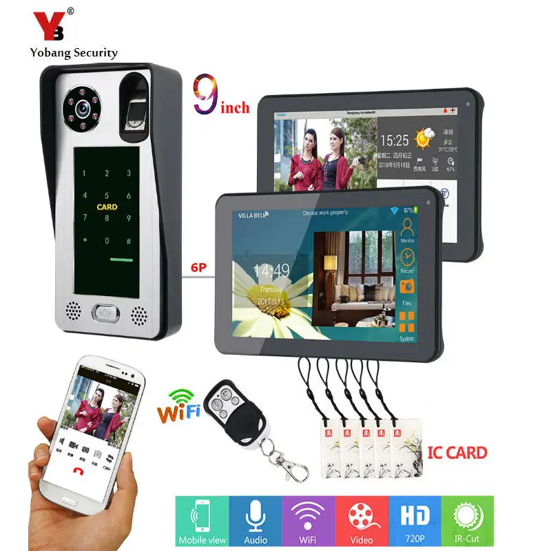 2 Monitors 9 inch Wired Wifi Fingerprint IC Card Video Door Phone Doorbell Intercom System ,Support Remote APP unlocking